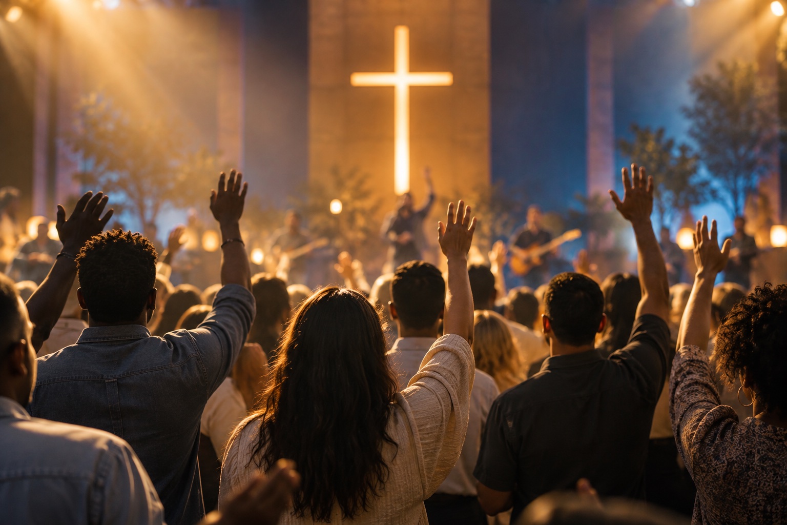 Illustrative scene of a congregation worshipping Jesus, with raised hands and a cross